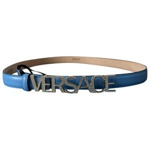 Versace Crystal Pave Logo Leather Belt in blue - Embellished Gold Emblem